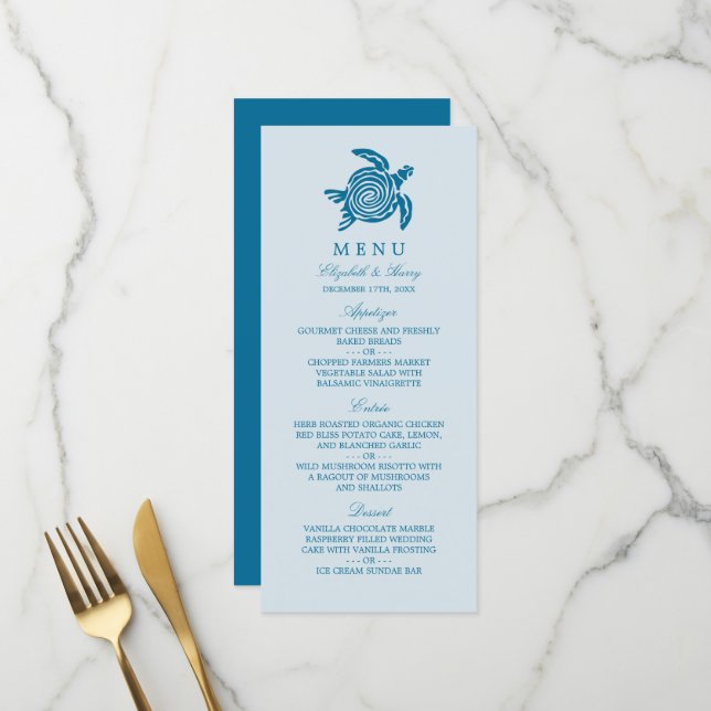 Meeresschildkröte, Sea Blue Beach Hochzeit Menükarte (Vorderseite/Rückseite Beispiel)