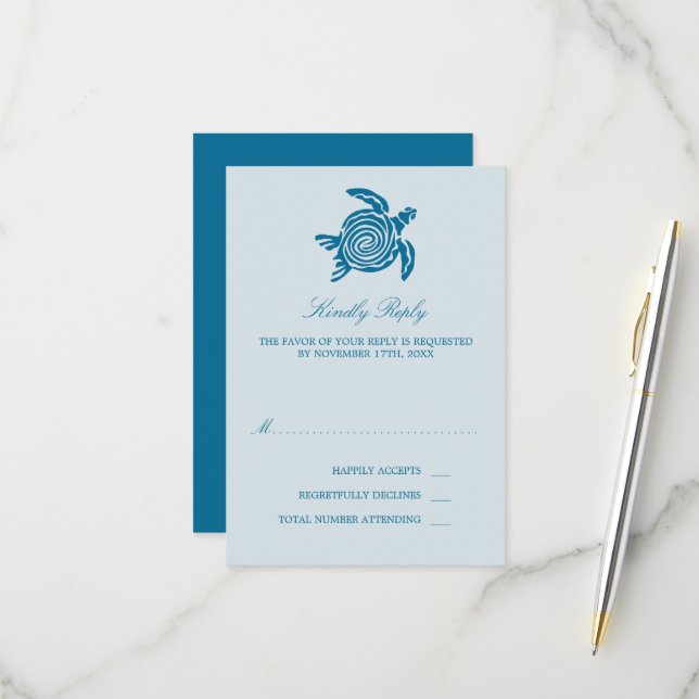 Meeresschildkröte, Sea Blue Beach Hochzeit RSVP Karte (Vorderseite/Rückseite Beispiel)