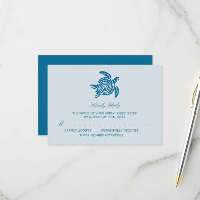 Meeresschildkröte, Sea Blue Beach Hochzeit RSVP Karte (Vorderseite/Rückseite Beispiel)