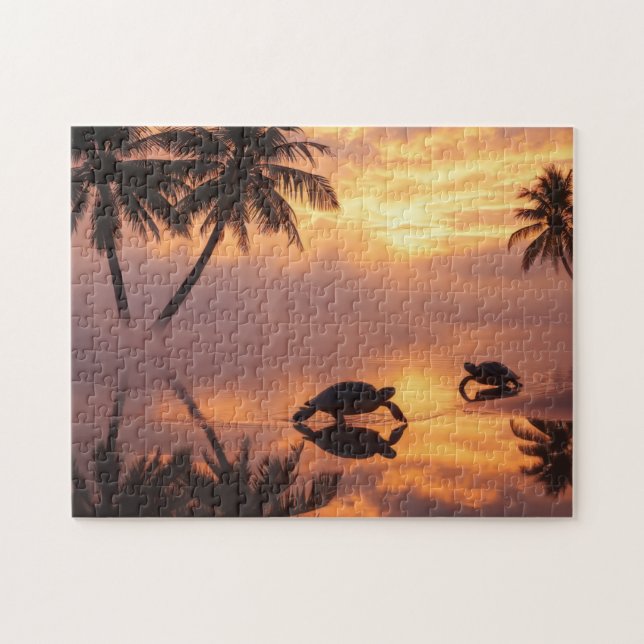 Meeresschildkröte Sonnenuntergang am Strand (Horizontal)