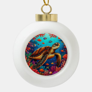 Meeresschildkröte und lebendiges Korallenriff Keramik Kugel-Ornament