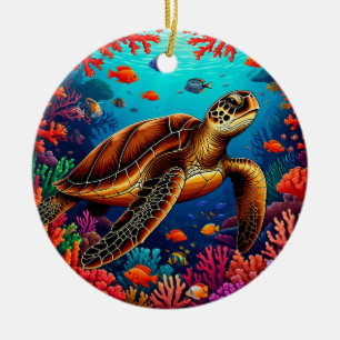 Meeresschildkröte und lebendiges Korallenriff Keramik Ornament