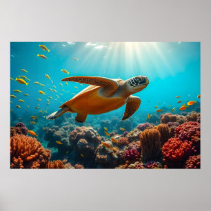 Meeresschildkröte und viele kleine Fische unter Wa Poster