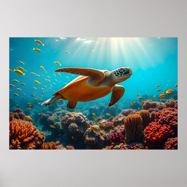 Meeresschildkröte und viele kleine Fische unter Wa Poster (Vorne)
