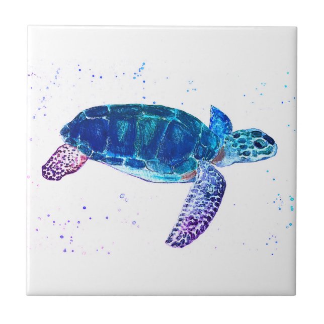 Meeresschildkröte Watercolor Green Nautical Ocean Fliese (Vorderseite)