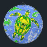 Meeresschildkröten-Korallenriff-Symbol Dartscheibe<br><div class="desc">Stilisierte Meeresschildkröte,  Symbolisches Sea Life Reptile,  die das Meeresleben,  die Riffbarriere und ihre Meereskreaturen repräsentiert,  und Gemustert mit blauen und grünen Punkten,  die das Meerwasser darstellen. Vector Nahtlose Muster Copyright BluedarkArt.</div>