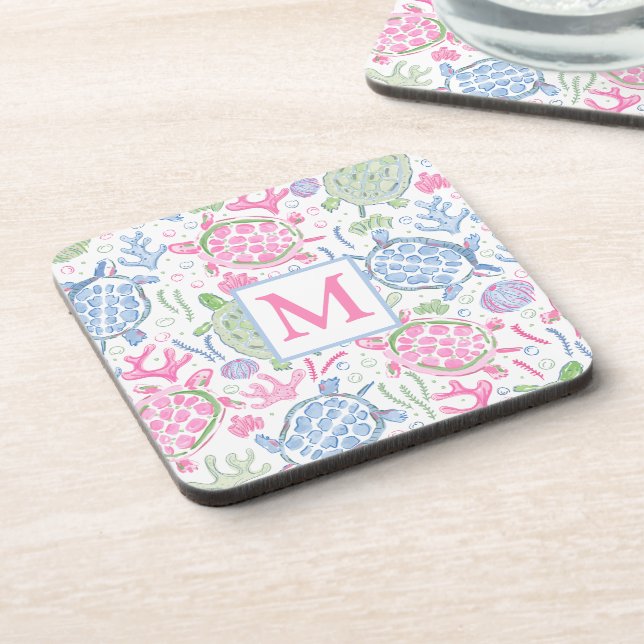 Meeresschildkröten Küstenmeer Monogramm Getränkeuntersetzer (Linke Seite)