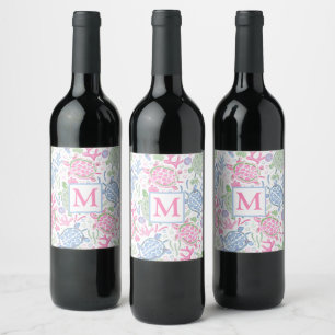 Meeresschildkröten-Monogramm Weinetikett