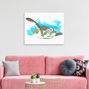 Meeresschildkröten schwimmen in Aquarellfarben Leinwanddruck
