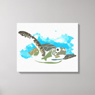 Meeresschildkröten schwimmen in Aquarellfarben Leinwanddruck