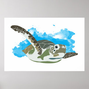 Meeresschildkröten schwimmen in Aquarellfarben Poster