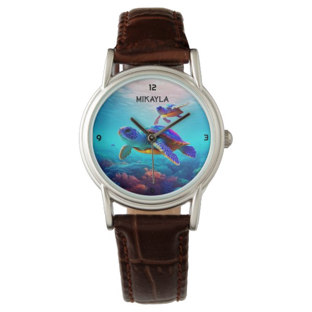 Meeresschildkröten schwimmen in der Nähe des Riffs Armbanduhr (Vorderseite)