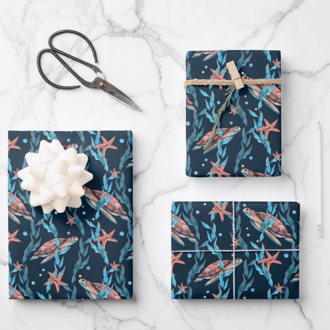 Meeresschildkröten Schwimmen Meer Unkraut Geschenkpapier Set (Vorderseite)