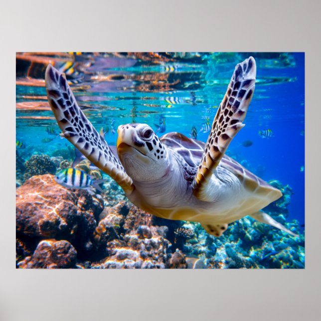 Meeresschildkröten schwimmen über dem Korallenriff Poster (Vorne)