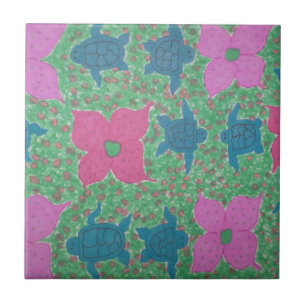 Meeresschildkröten und Blume Tropische Kunst Fliese