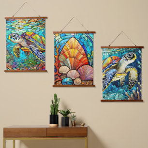 Meeresschildkröten und Muscheln Kunst Set Wandteppich Mit Holzrahmen