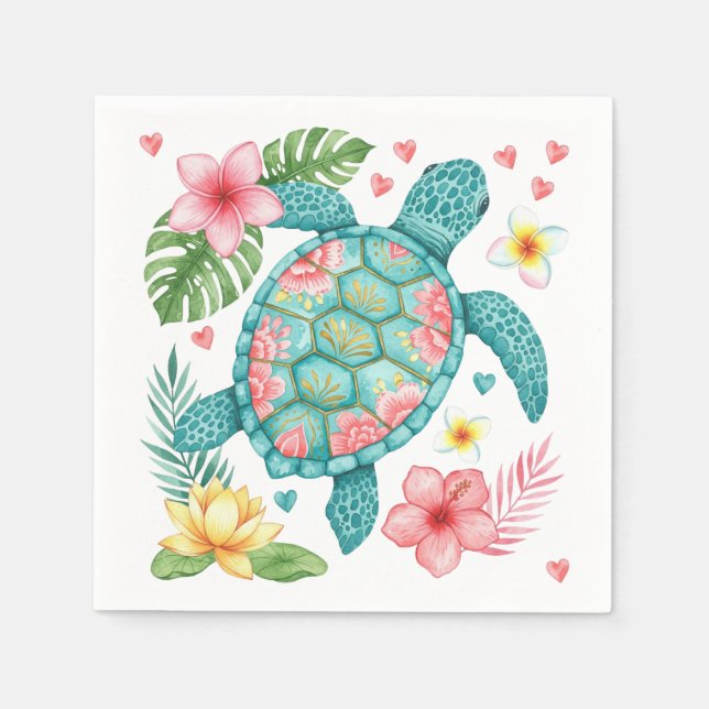 Meeresschildkröten und tropische Blume Serviette (Vorderseite)