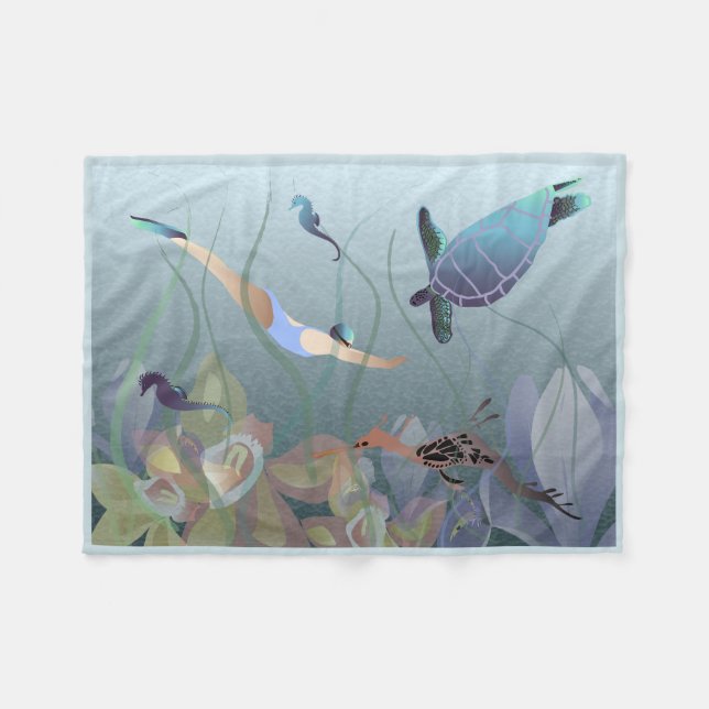 Meeresschwimmen mit Seepferd und Schildkröten Fleecedecke (Vorderseite (Horizontal))