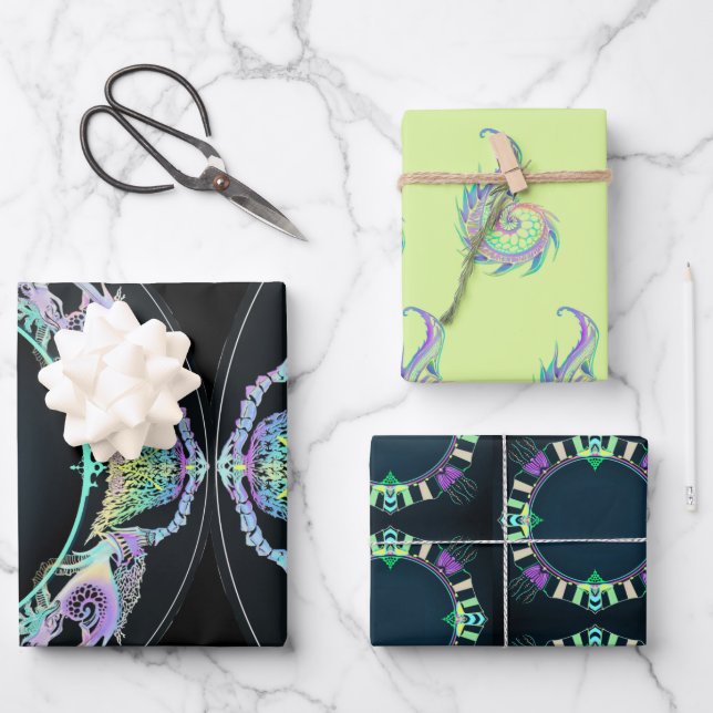 Meeresskizze in Neon Geschenkpapier Set (Vorderseite)