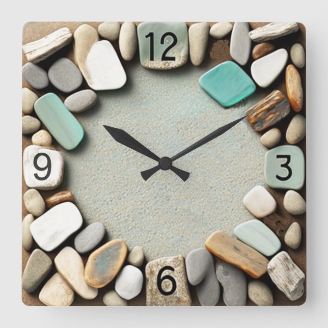 Meeressteine und Meerglas Quadratische Wanduhr (Vorderseite)
