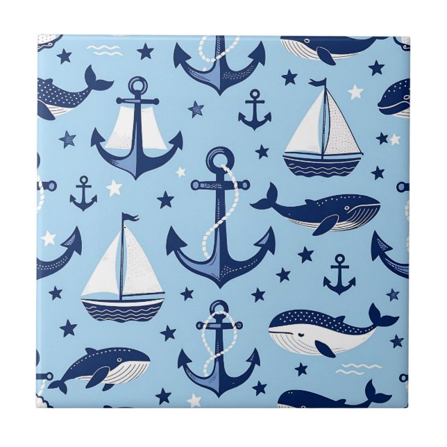 Meerestiere Anker Segelboote Muster Fliese (Vorderseite)