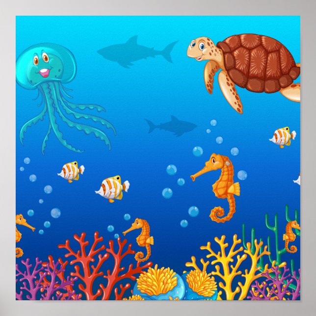 Meerestiere, die unter dem Ozean schwimmen Poster (Vorne)