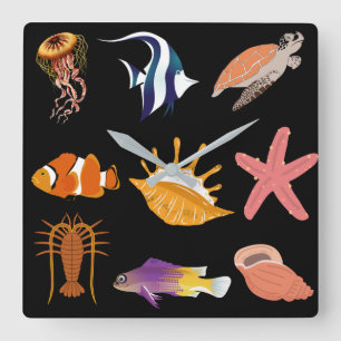 Meerestiere: Fische, Schildkröten, Muscheln, Quall Quadratische Wanduhr