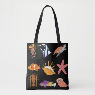 Meerestiere: Fische, Schildkröten, Muscheln, Quall Tasche