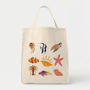 Meerestiere: Fische, Schildkröten, Muscheln, Quall Tragetasche