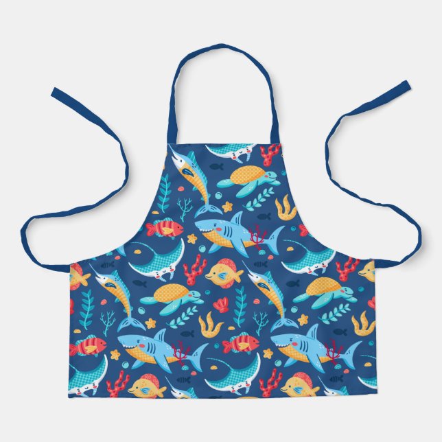 Meerestiere Hai Fisch Schildkröte blau Schürze (Vorderseite)