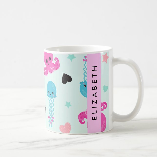 Meerestiere, Kraken, Quallen, Herz, Ihr Name Kaffeetasse (Rechts)