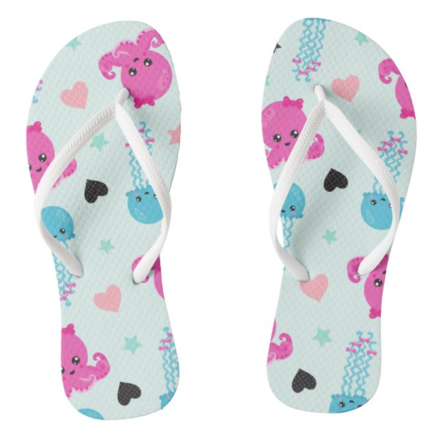 Meerestiere, Meeresleben, Oktopus, Quallen, Herzen Flip Flops (Fußbett)