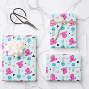 Meerestiere, Meeresleben, Oktopus, Quallen, Herzen Geschenkpapier Set