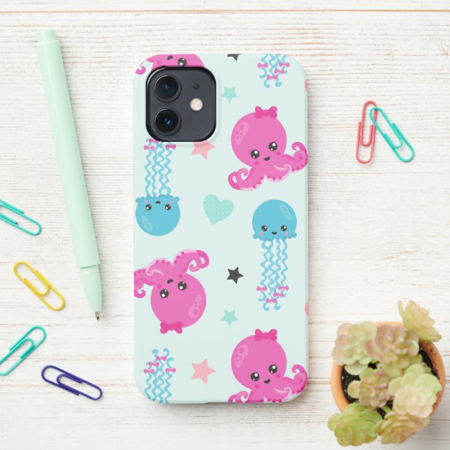 Meerestiere, Meeresleben, Oktopus, Quallen, Herzen iPhone 12 Hülle (Auf dem Schreibtisch)