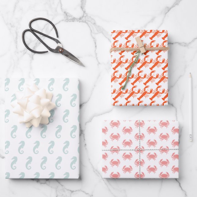 Meerestiere Muster Hummerkrabbe Seepferd niedlich Geschenkpapier Set (Vorderseite)