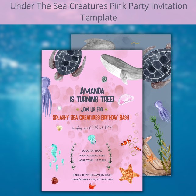 Meerestiere Schildkröten Kinder Party Rosa Einladu Einladung (Von Creator hochgeladen)
