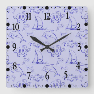 Meerestiere und Segelboot in einem Linienzeichnung Quadratische Wanduhr