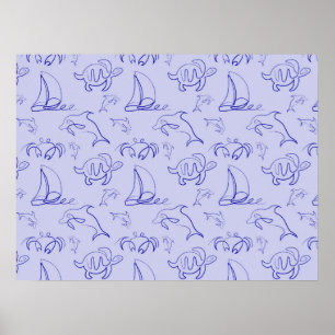 Meerestiere und Segelboote mit einer einzigen zeic Poster