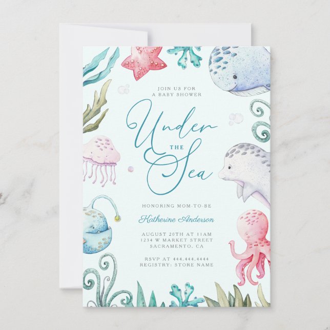 Meerestiere unter der Kinderdusche des Meeres Einladung (Vorderseite)