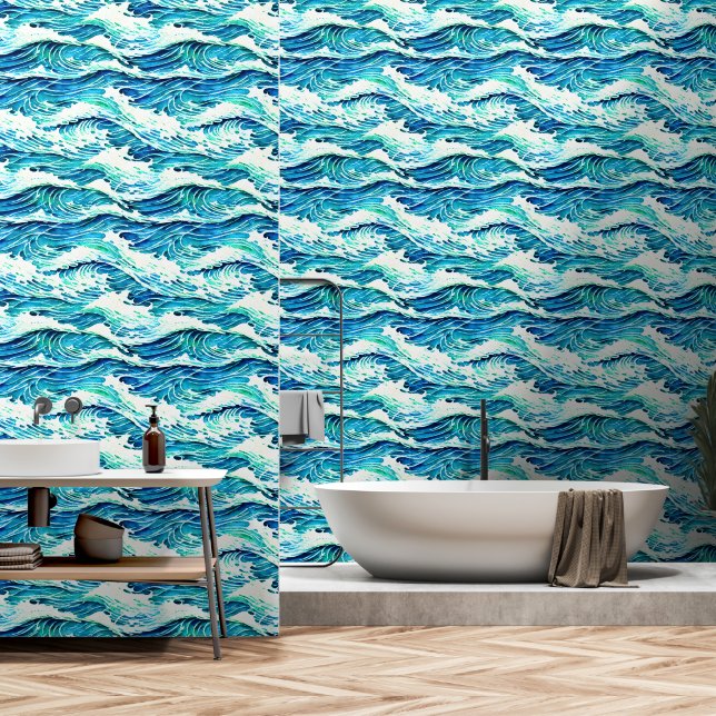 Meereswellen blaue weiße Küstengewässer Insel Tapete (Badezimmer)