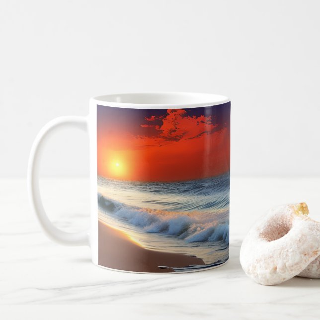 Meereswellen und Sonnenuntergänge auf Sanddusche Kaffeetasse (Mit Donut)