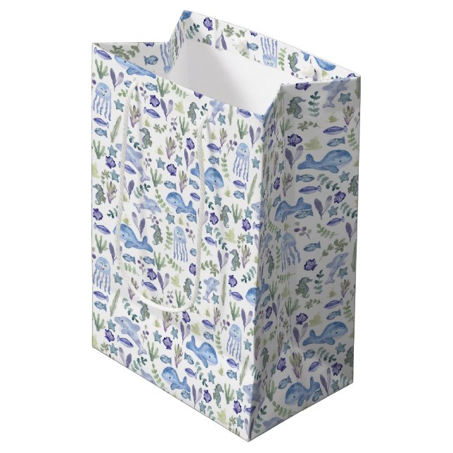 Meereswelt Moderne Wasserfarbe Mittlere Geschenktüte (Vorderseite Schrägansicht)
