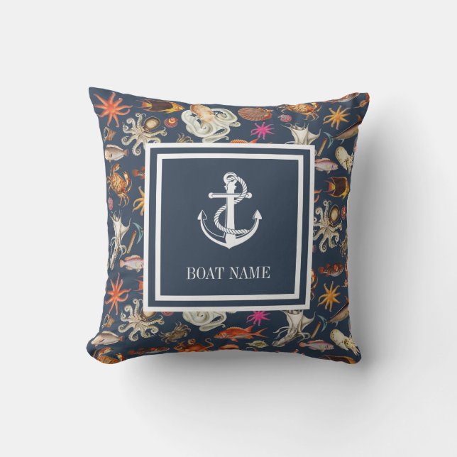 Meereswelt Navy Blue Nautic Ankerbootname Kissen (Vorderseite)