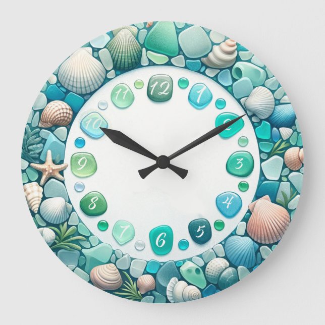 Meerglas und Muscheln Große Wanduhr (Vorderseite)