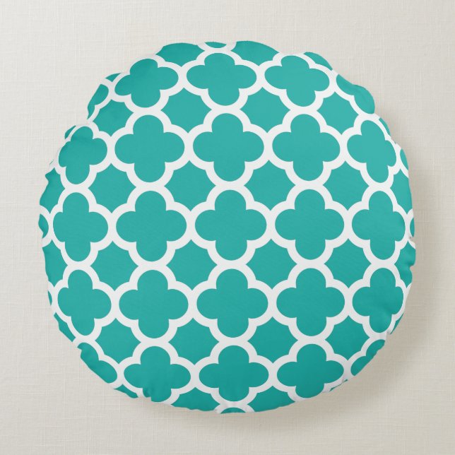 Meergrün-FarbeQuatrefoil Muster Rundes Kissen (Vorderseite)