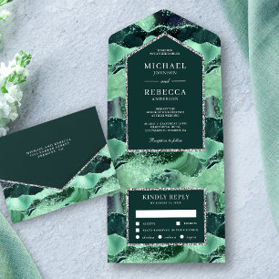 Meergrüne und silberne Glitter-Achat-Marmor-Hochze All In One Einladung