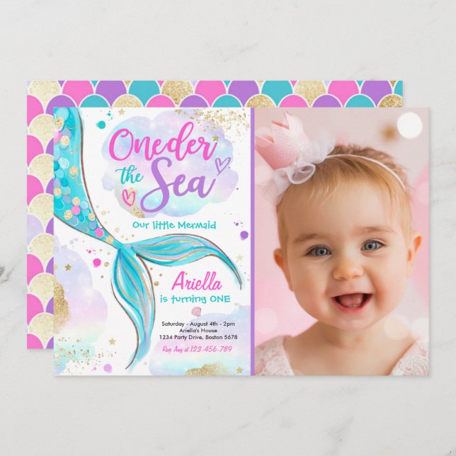Meerjungfrau 1. Geburtstag Party ONEder Meerjungfr Einladung (Vorne/Hinten)