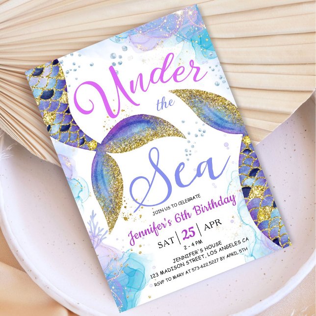 Meerjungfrau 6. Geburtstag Mädchen Rosa unter dem  Einladung (Von Creator hochgeladen)