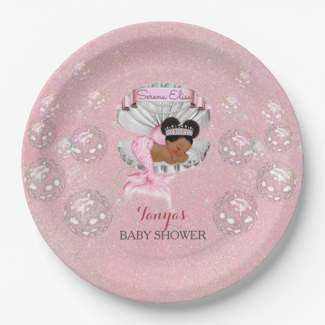 Meerjungfrau Afroamerikanisches Baby Pink Muschel  Pappteller (Vorderseite)