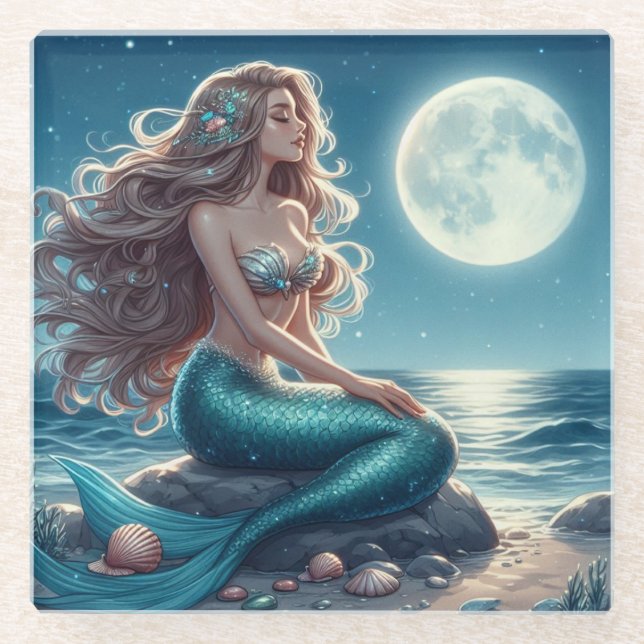 Meerjungfrau am Strand in der Nacht Glasuntersetzer (Vorderseite)